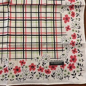 BURBERRY London Handkerchief  Floral plaid 100% Cotton Square White Red 19.5"